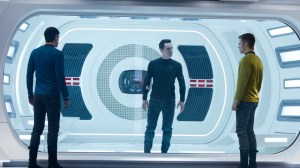 Captain Kirk and Spock bring the villain Khan (Benedict Cumberbatch) in Star Trek Into Darkness.