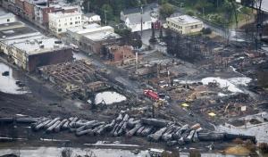 Burned out buildings and burned out oil tankers lay in the aftermath of a train derailment in Lac-Megantic, Quebec.
