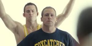 John DuPont (Steve Carell) tries to be a wrestling mentor to Mark Schultz (Channing Tatum) in Foxcatcher.