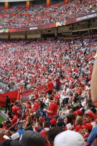 The crowd was packed full of Canada fans.